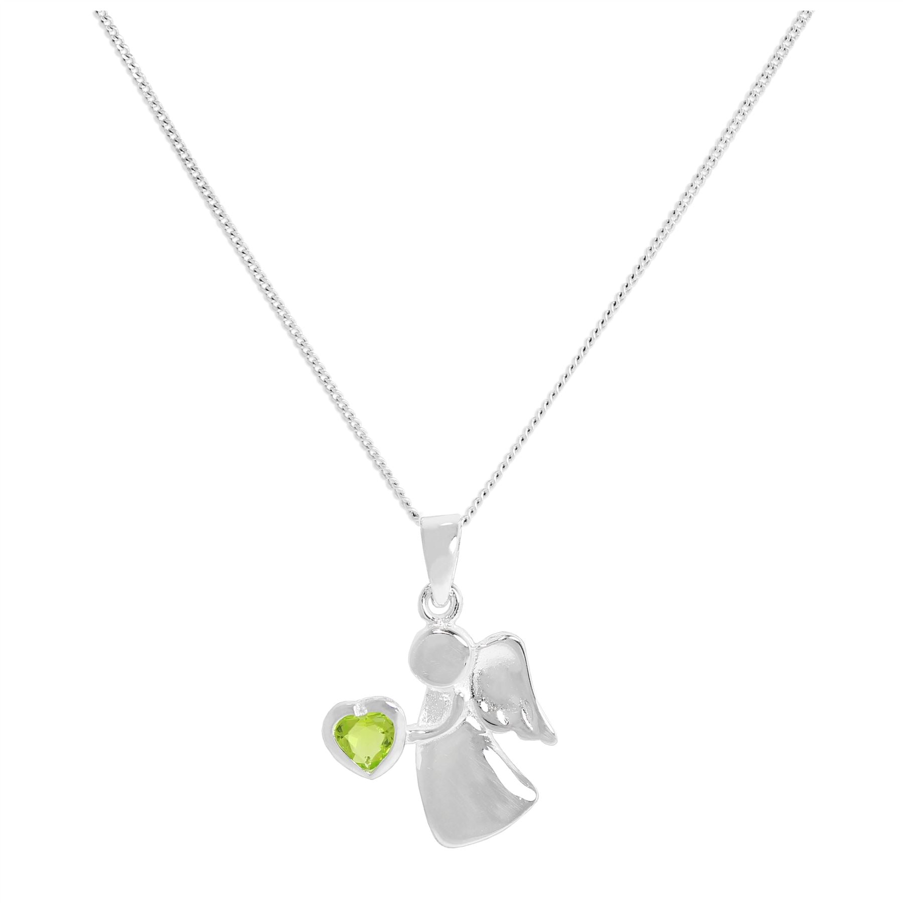 Sterling Silver Angel Necklace with Peridot CZ Birthstone – 14–32 Inch Chain