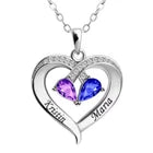 Personalised Double Birthstone Name Necklace – Engraved Heart Pendant with Zirconia Stones