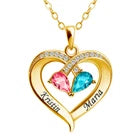 Personalised Double Birthstone Name Necklace – Engraved Heart Pendant with Zirconia Stones
