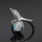925 Sterling Silver Moonstone Leaf Ring – Adjustable Round Gemstone Ring for Women