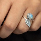 925 Sterling Silver Moonstone Leaf Ring – Adjustable Round Gemstone Ring for Women