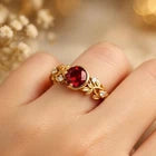 Garnet & Moissanite Engagement Ring – 925 Sterling Silver Leaf Band for Women