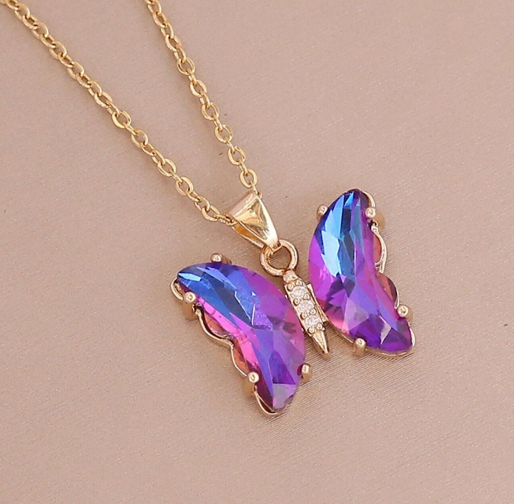 Gold-Tone Purple Crystal Butterfly Necklace – Statement Pendant Gift for Her