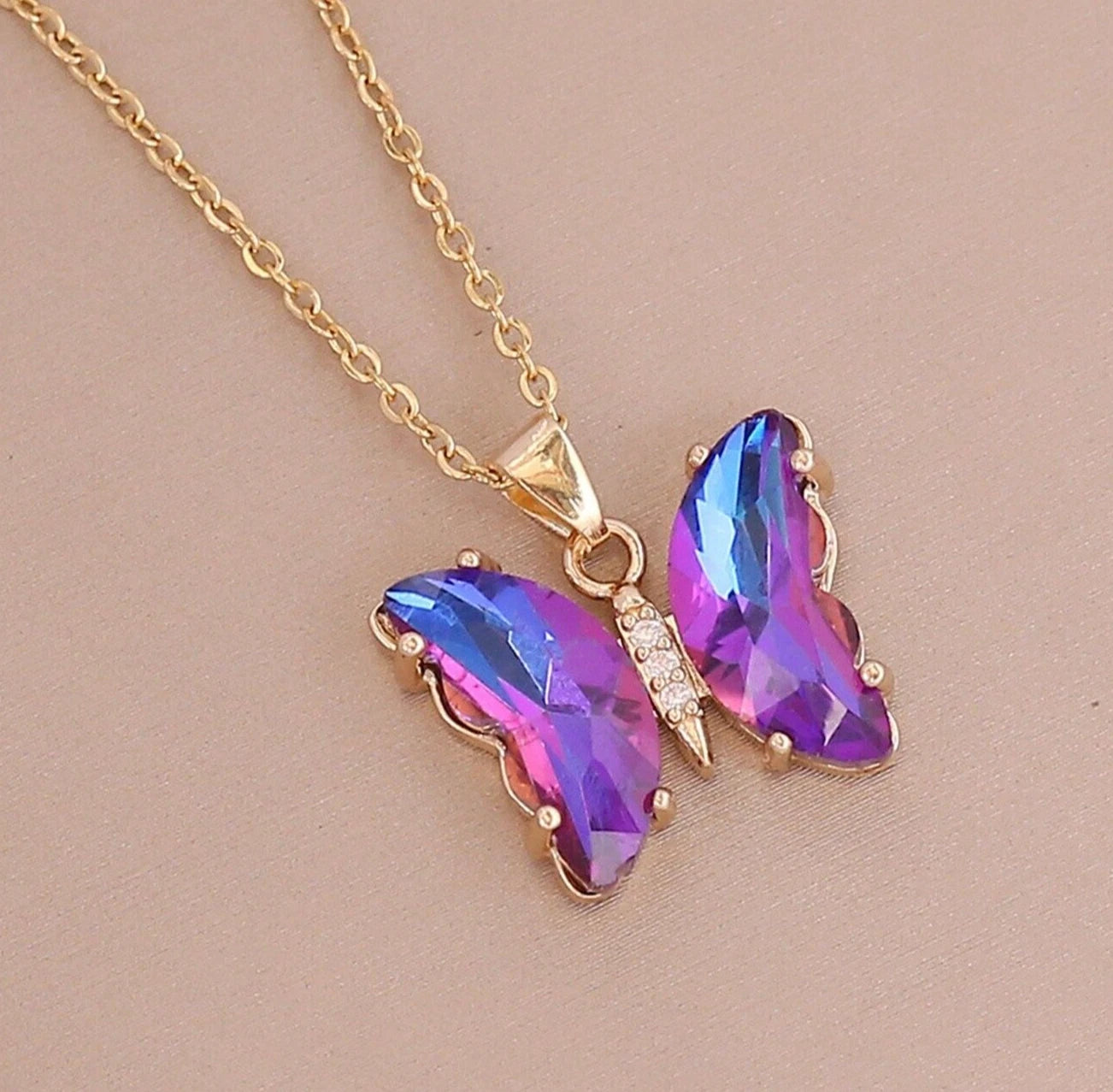 Gold-Tone Purple Crystal Butterfly Necklace – Statement Pendant Gift for Her