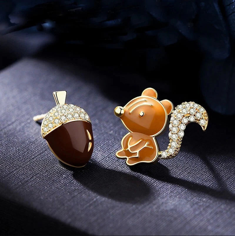 Mismatched Squirrel & Acorn Stud Earrings – Gold-Tone Crystal Woodland Jewellery
