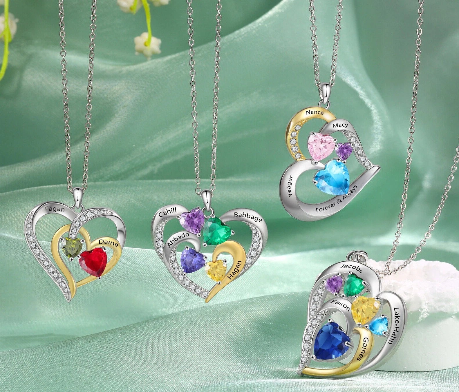 Personalised Mother’s Day Necklace with 2–5 Names & Birthstones – Silver or Gold Heart Pendant