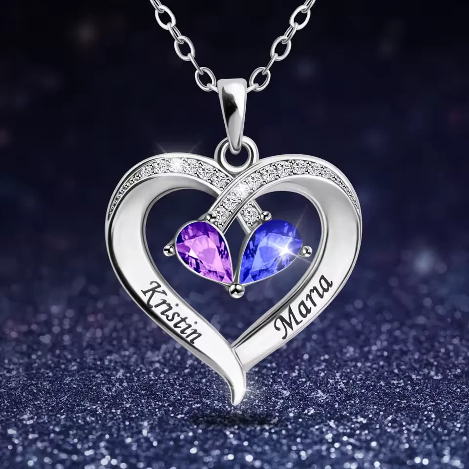 Personalised Double Birthstone Name Necklace – Engraved Heart Pendant with Zirconia Stones