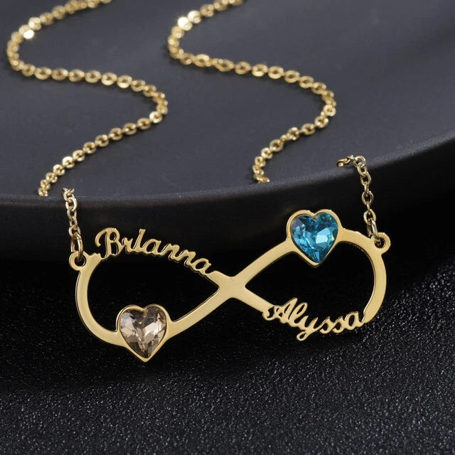 Personalised Infinity Name Necklace with 2 Birthstones – Custom Heart Pendant Gift