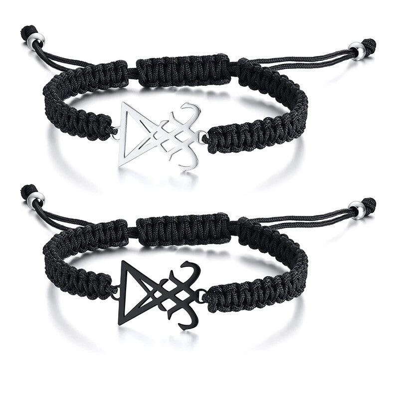 Men’s Lucifer Sigil Bracelet – Adjustable Black Braided Rope Occult Symbol Cuff