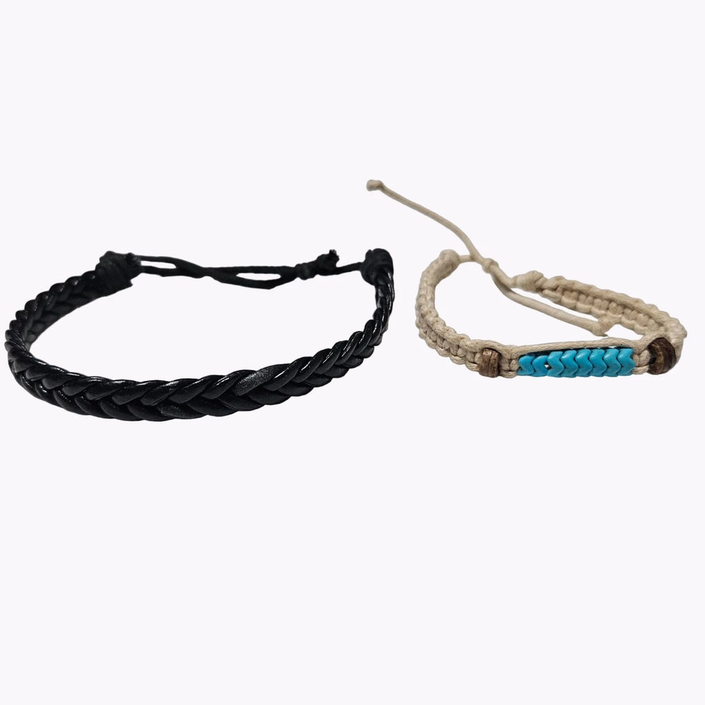 2-Piece Unisex Friendship Bracelet Set – Braided Leather-Look & Woven Beaded Bracelets