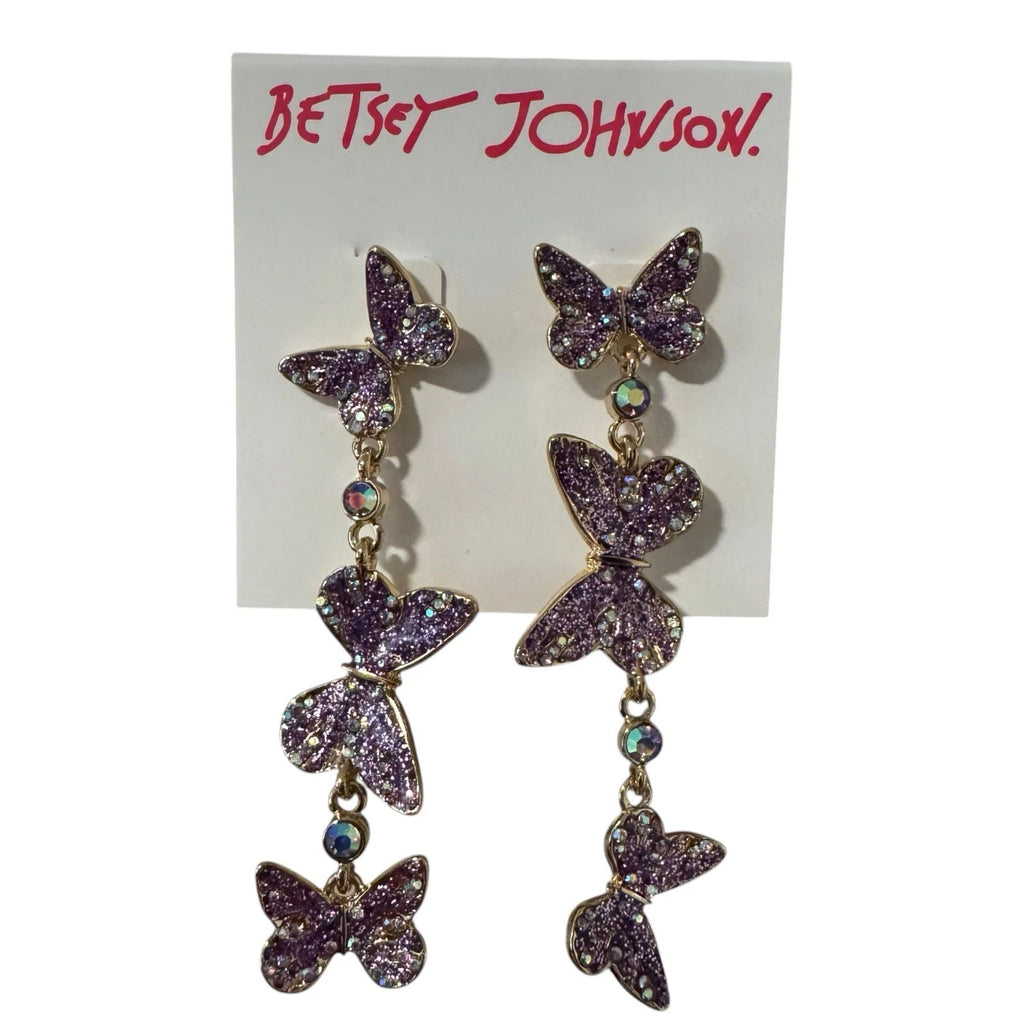 Betsey Johnson Purple Butterfly Mismatched Dangle Earrings – Lavender Crystal Statement Jewellery