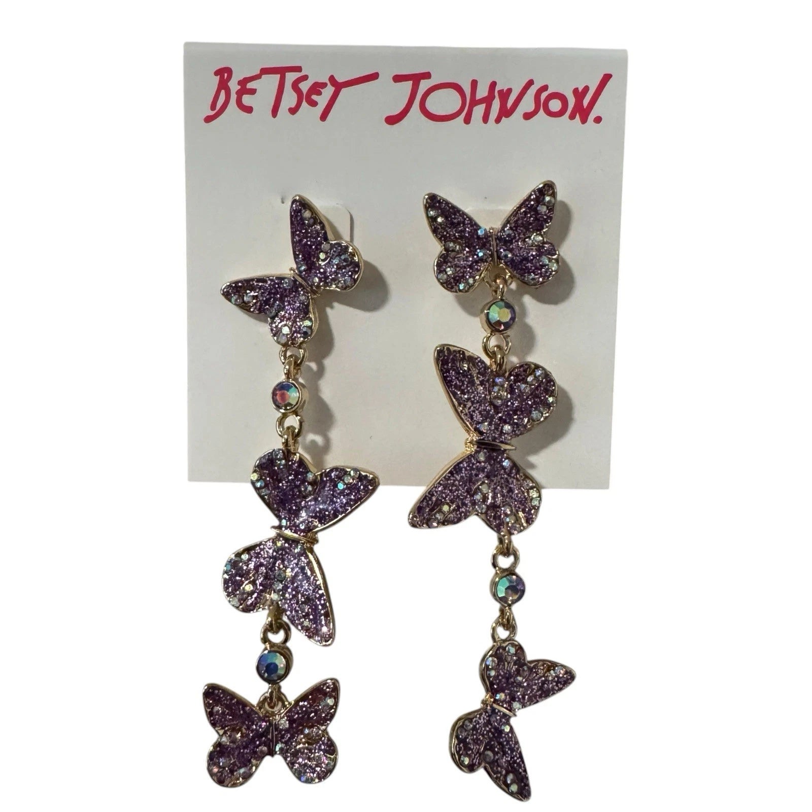 Betsey Johnson Purple Butterfly Mismatched Dangle Earrings – Lavender Crystal Statement Jewellery