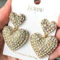 J.Crew Double Heart Pave Rhinestone Drop Earrings – Gold-Tone Statement Jewellery