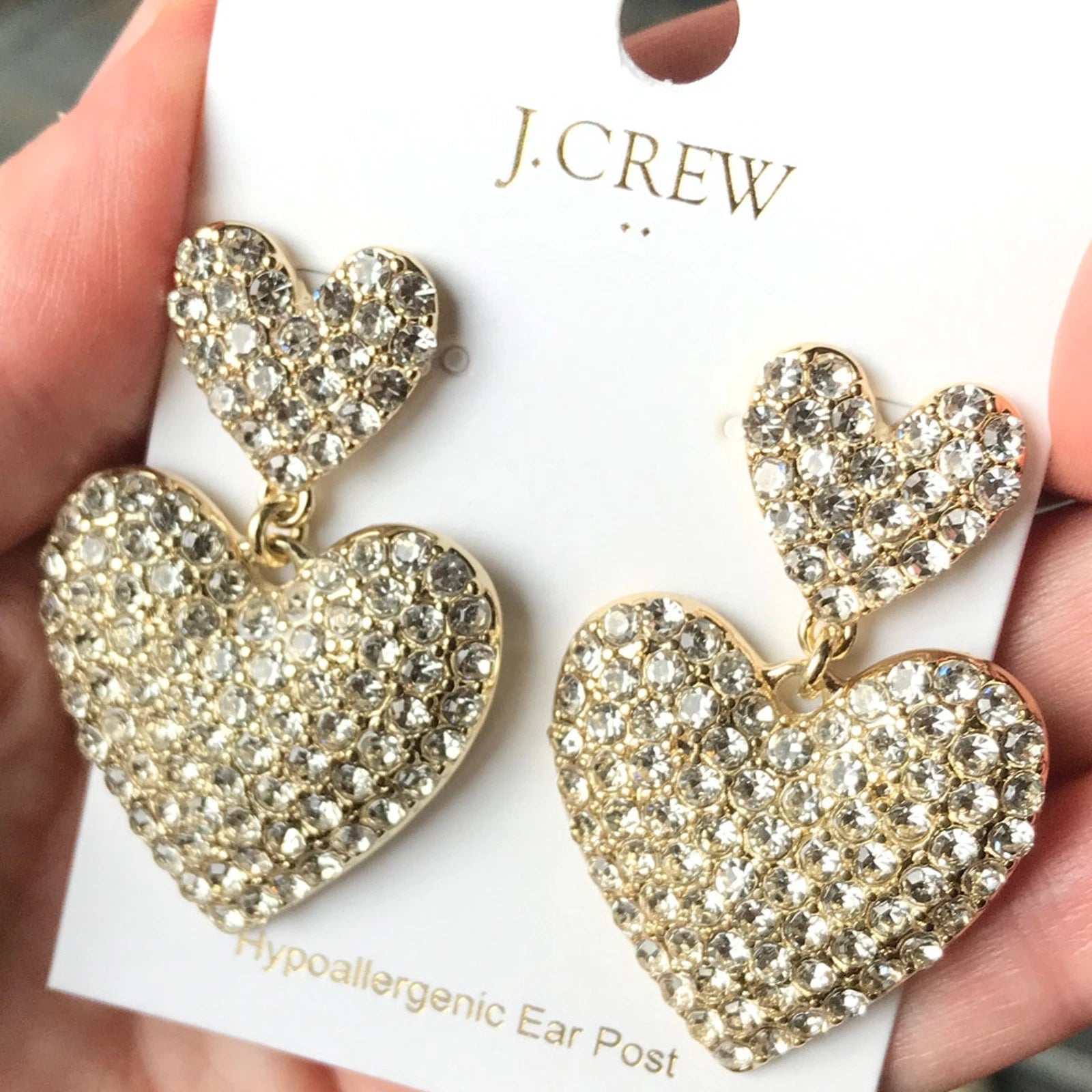J.Crew Double Heart Pave Rhinestone Drop Earrings – Gold-Tone Statement Jewellery