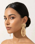 Large Gold-Tone Geometric Swirl Drop Earrings – Abstract Spiral Statement Jewellery