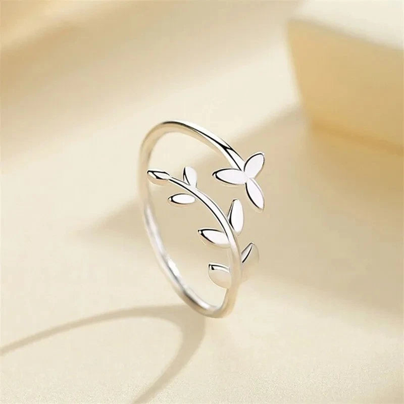 925 Sterling Silver Olive Leaf Open Ring – Adjustable Botanical Jewellery for Women