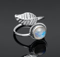 925 Sterling Silver Moonstone Leaf Ring – Adjustable Round Gemstone Ring for Women