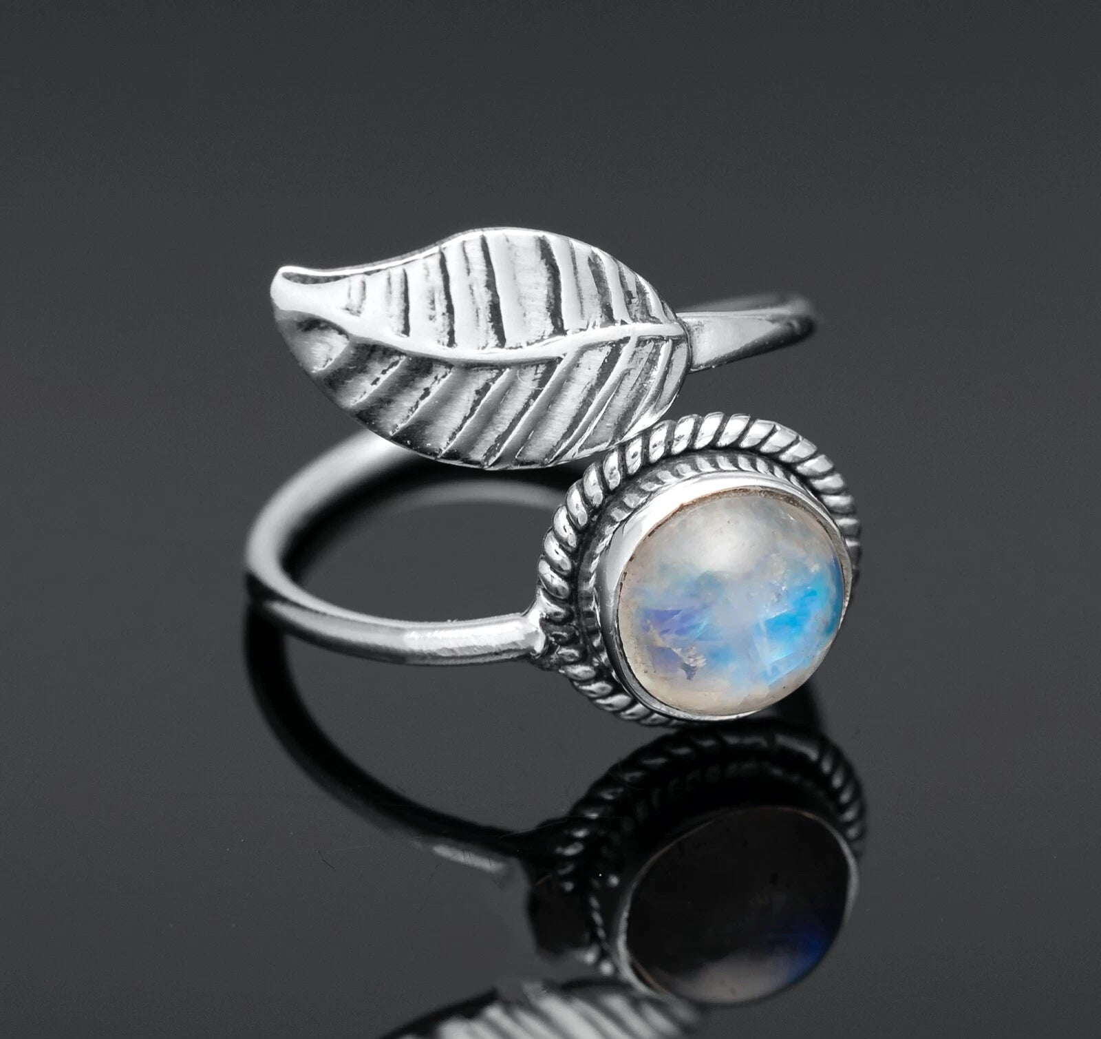 925 Sterling Silver Moonstone Leaf Ring – Adjustable Round Gemstone Ring for Women