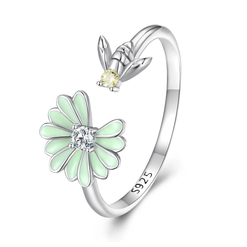 925 Sterling Silver Daisy & Bee Adjustable Ring – Dainty Floral Stackable Ring for Women