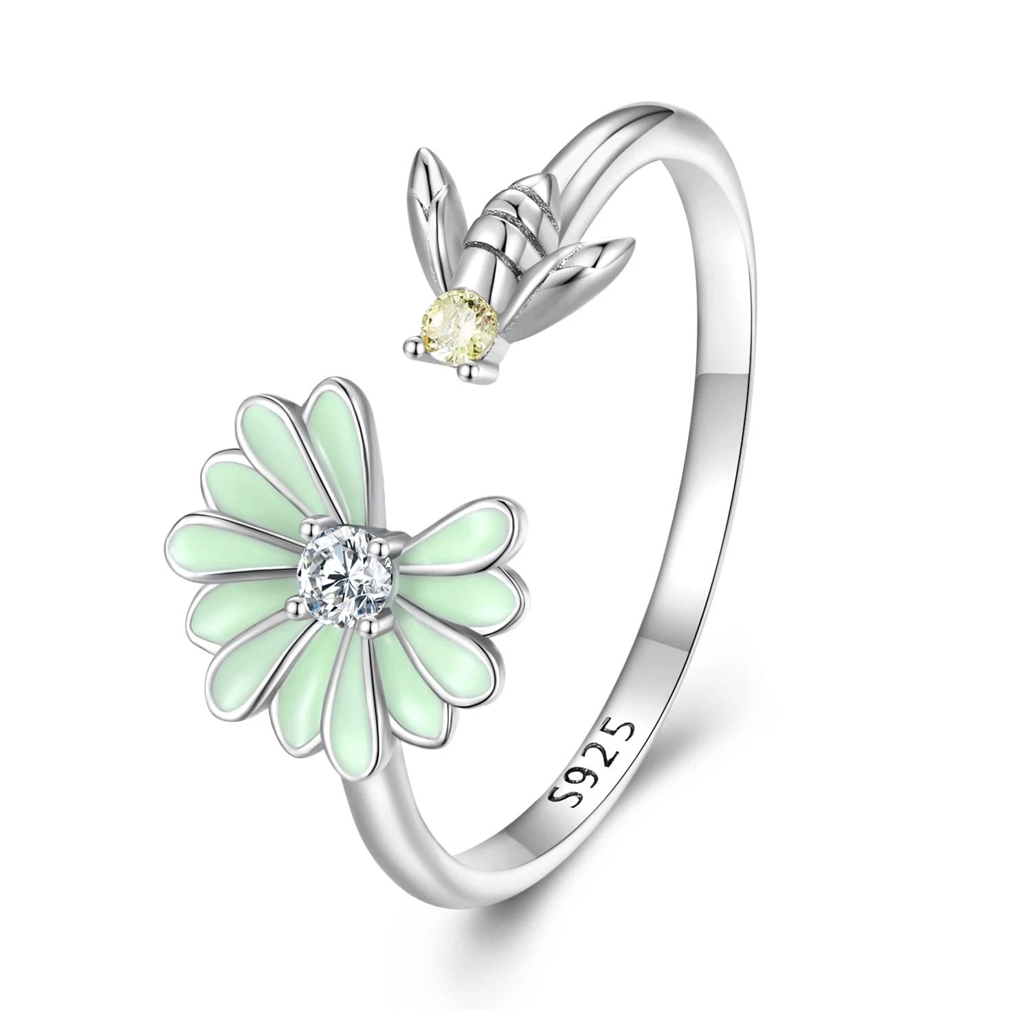 925 Sterling Silver Daisy & Bee Adjustable Ring – Dainty Floral Stackable Ring for Women