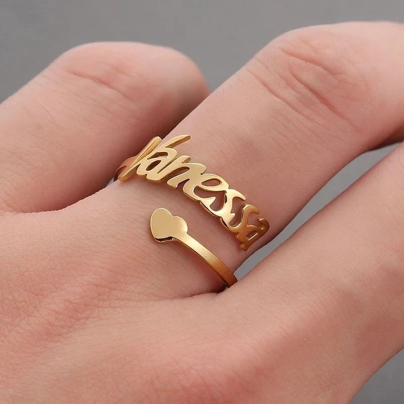 Personalised Name Ring with Heart – Adjustable Stainless Steel Custom Ring