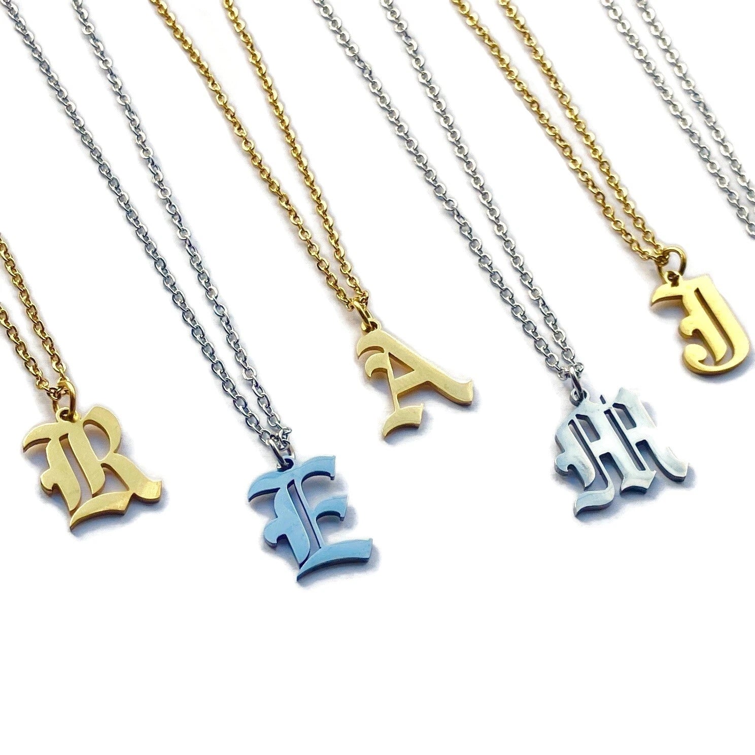 Gothic Initial Necklace – Stainless Steel Old English Letter Pendant in Gold or Silver