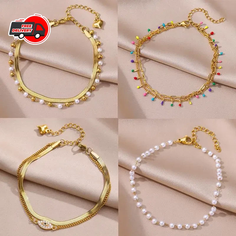 Women’s Gold-Tone Stainless Steel Anklet – Pearl, Beaded & Layered Beach Jewellery