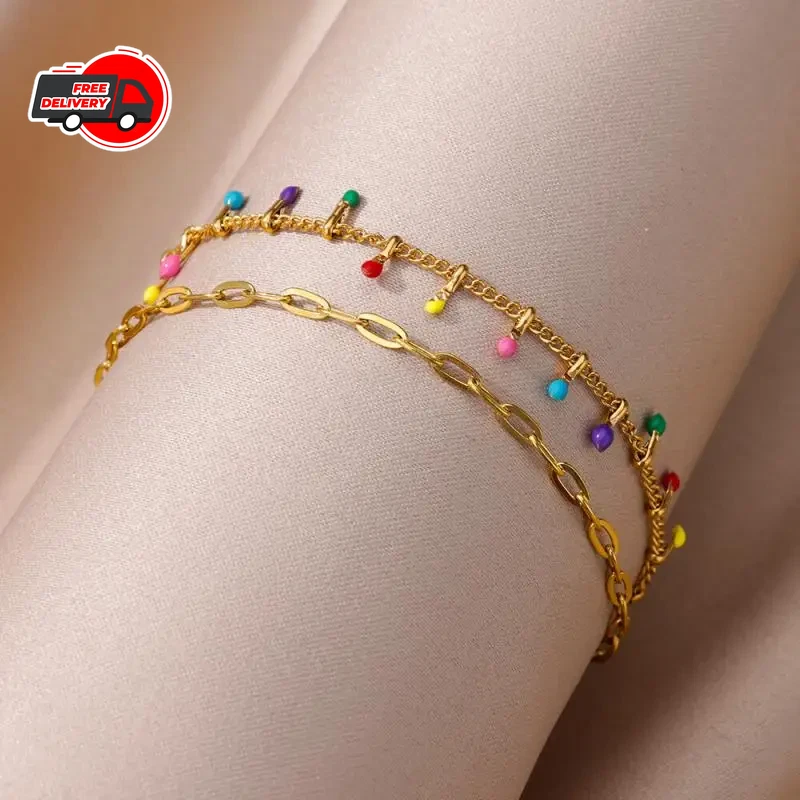 Women’s Gold-Tone Stainless Steel Anklet – Pearl, Beaded & Layered Beach Jewellery