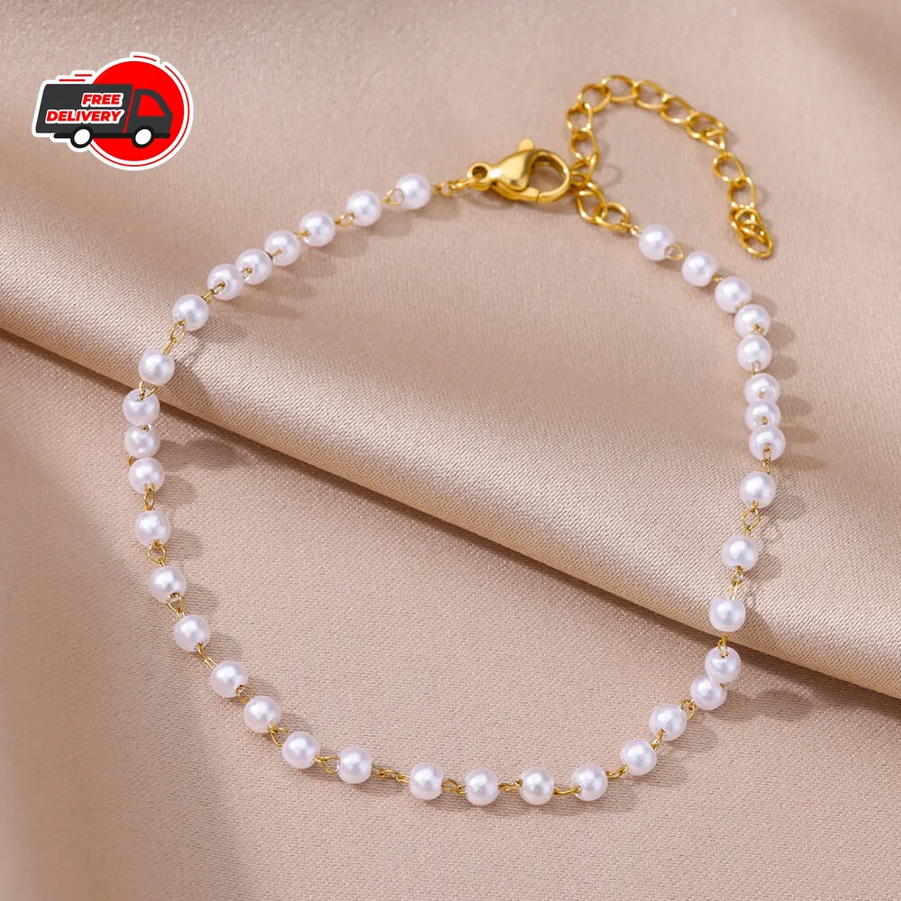 Women’s Gold-Tone Stainless Steel Anklet – Pearl, Beaded & Layered Beach Jewellery