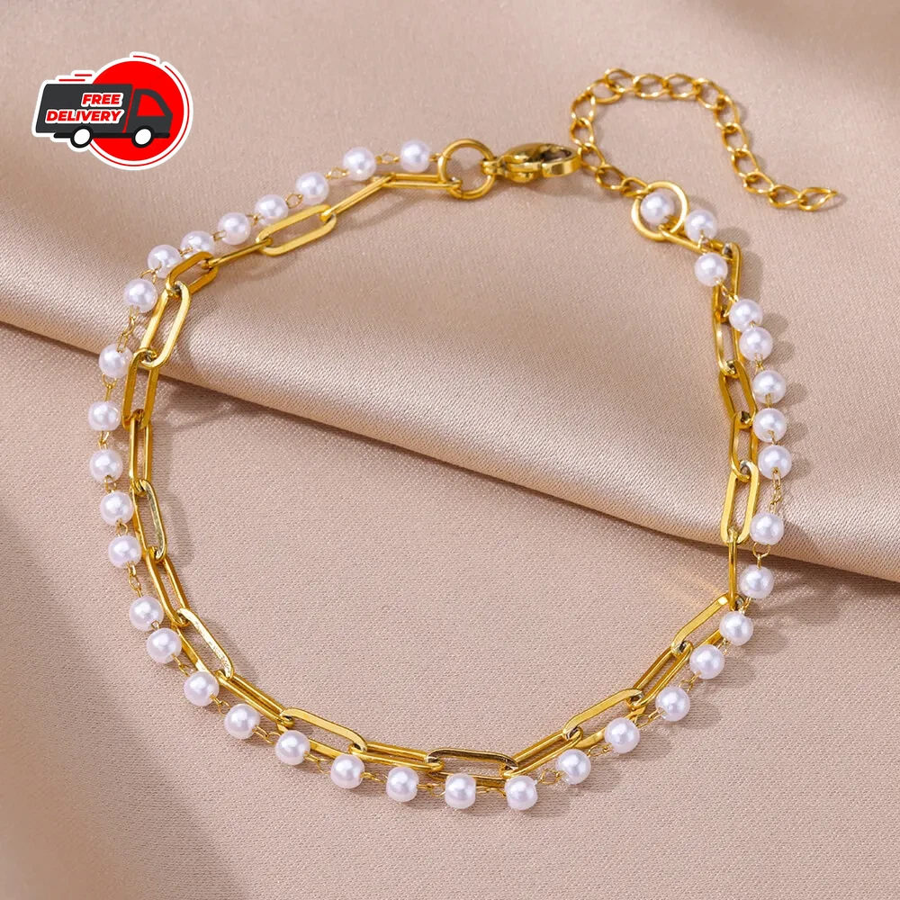 Women’s Gold-Tone Stainless Steel Anklet – Pearl, Beaded & Layered Beach Jewellery