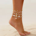6-Piece Bohemian Gold-Tone Anklet Set – Layered Pearl & Ocean Charm Beach Jewellery