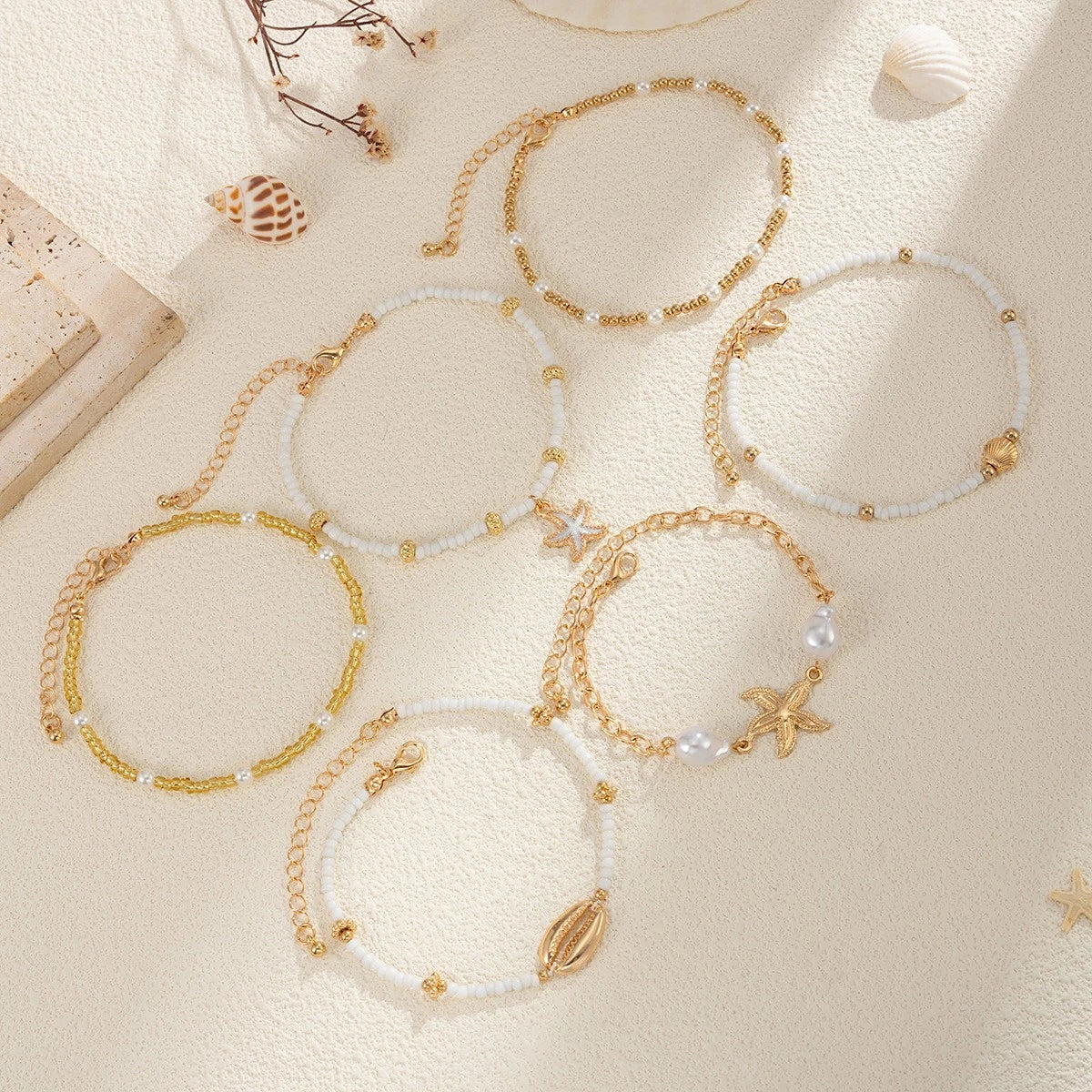 6-Piece Bohemian Gold-Tone Anklet Set – Layered Pearl & Ocean Charm Beach Jewellery