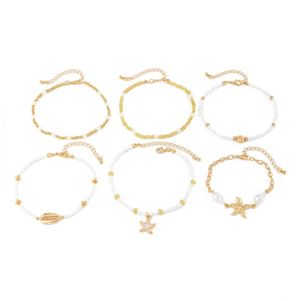 6-Piece Bohemian Gold-Tone Anklet Set – Layered Pearl & Ocean Charm Beach Jewellery