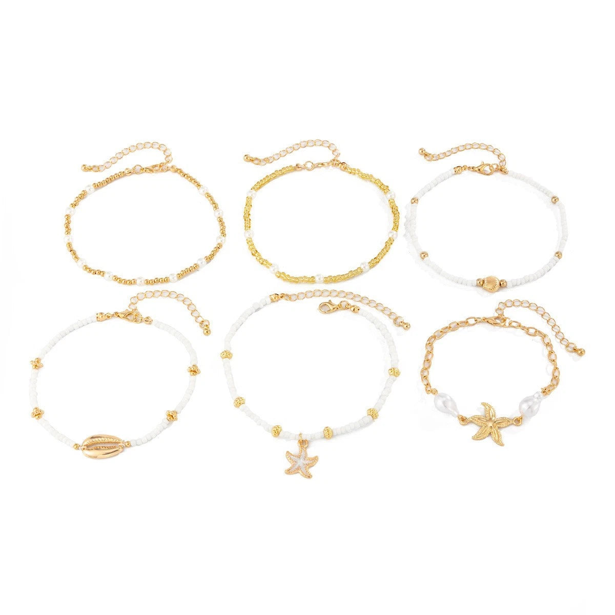 6-Piece Bohemian Gold-Tone Anklet Set – Layered Pearl & Ocean Charm Beach Jewellery