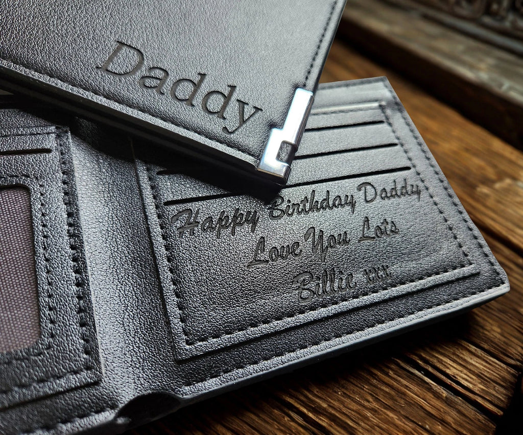 Personalised Engraved Leather Wallet for Men – Slim Black Wallet with Gift Box