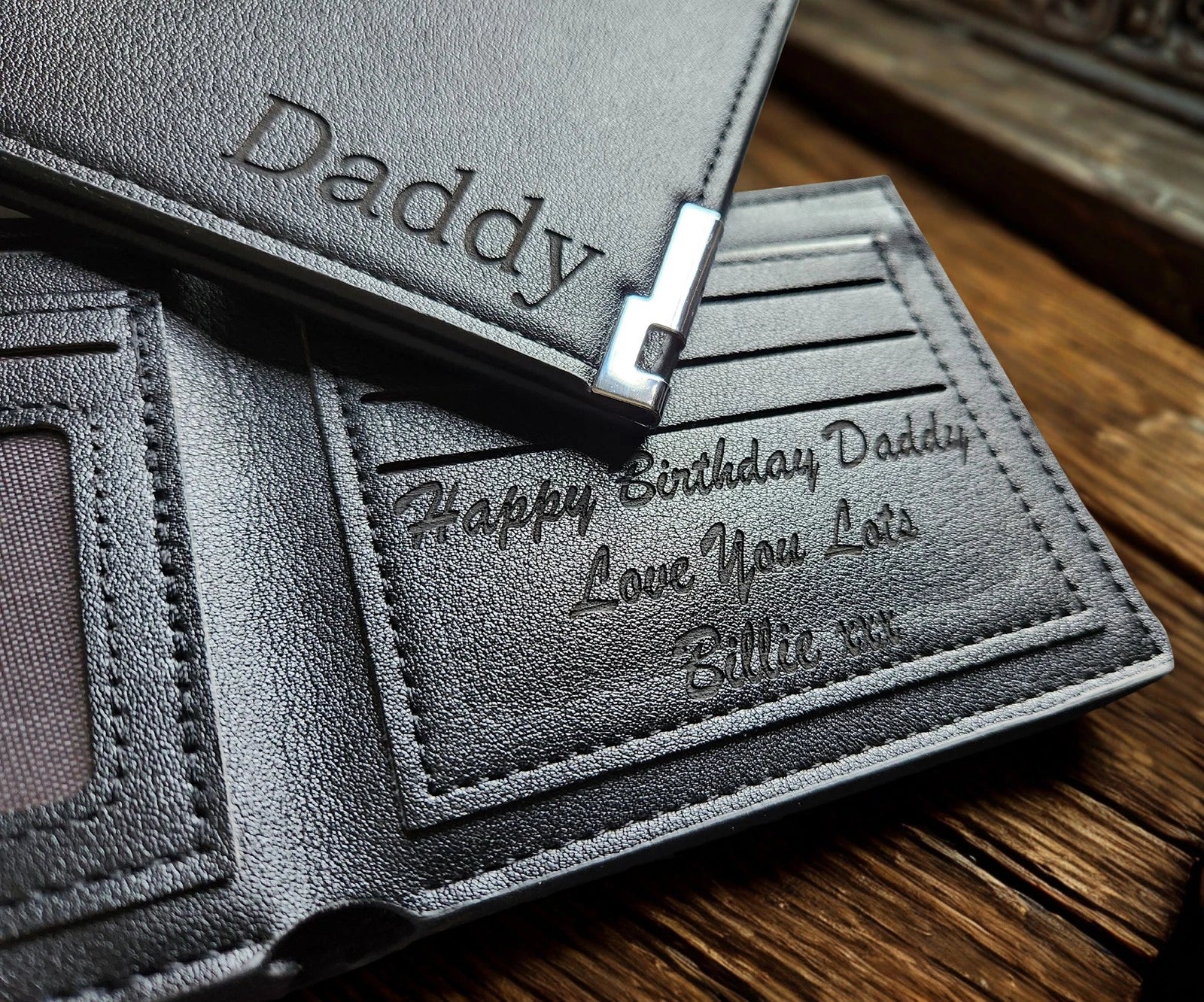 Personalised Engraved Leather Wallet for Men – Slim Black Wallet with Gift Box