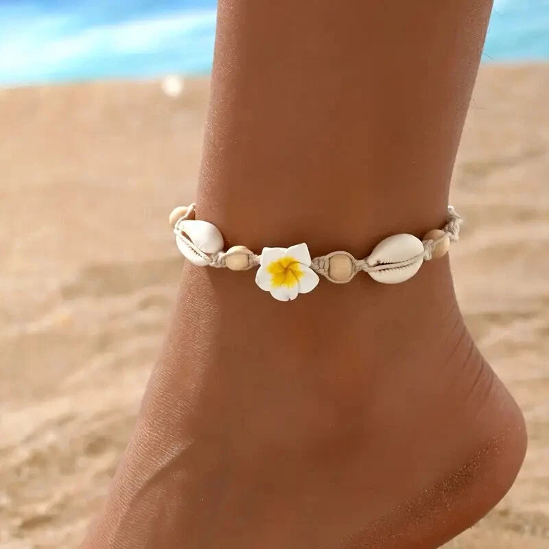 Bohemian Flower & Shell Beaded Anklet for Women – Summer Beach Foot Jewellery