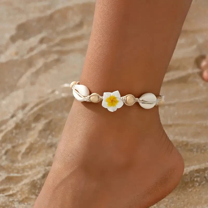 Bohemian Flower & Shell Beaded Anklet for Women – Summer Beach Foot Jewellery