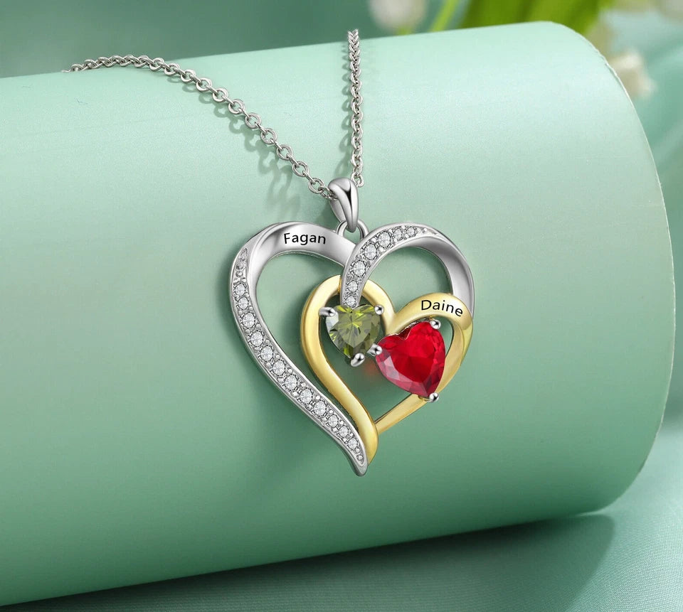 Personalised Mother’s Day Necklace with 2–5 Names & Birthstones – Silver or Gold Heart Pendant