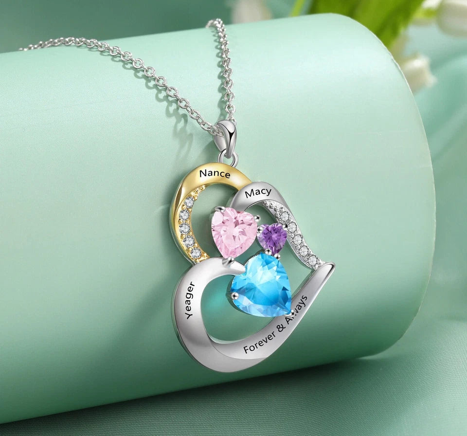 Personalised Mother’s Day Necklace with 2–5 Names & Birthstones – Silver or Gold Heart Pendant