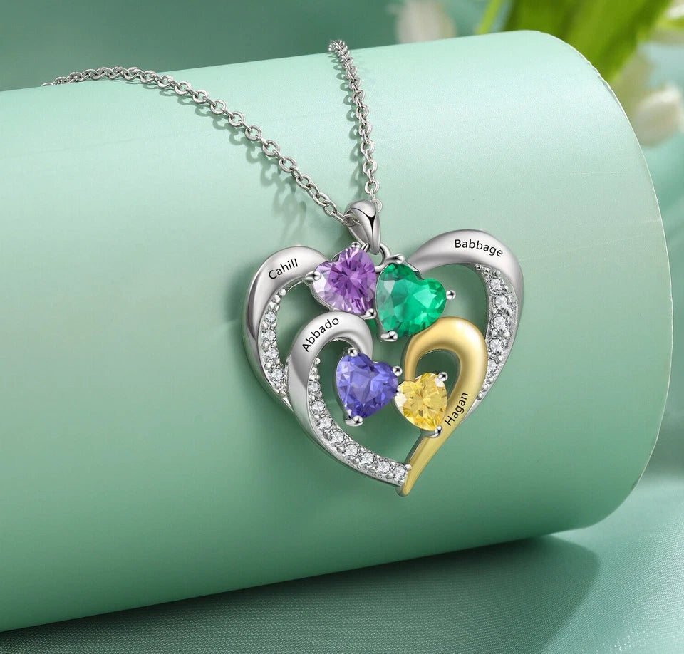 Personalised Mother’s Day Necklace with 2–5 Names & Birthstones – Silver or Gold Heart Pendant