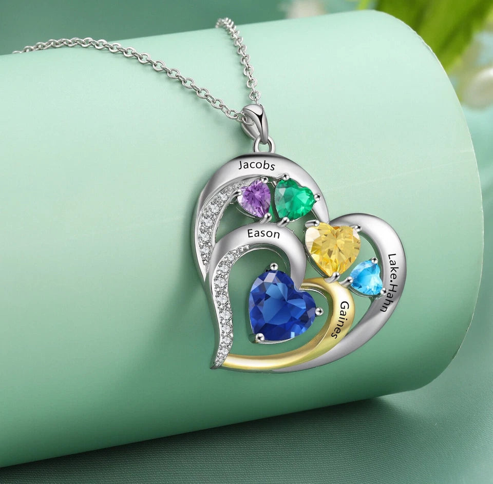 Personalised Mother’s Day Necklace with 2–5 Names & Birthstones – Silver or Gold Heart Pendant