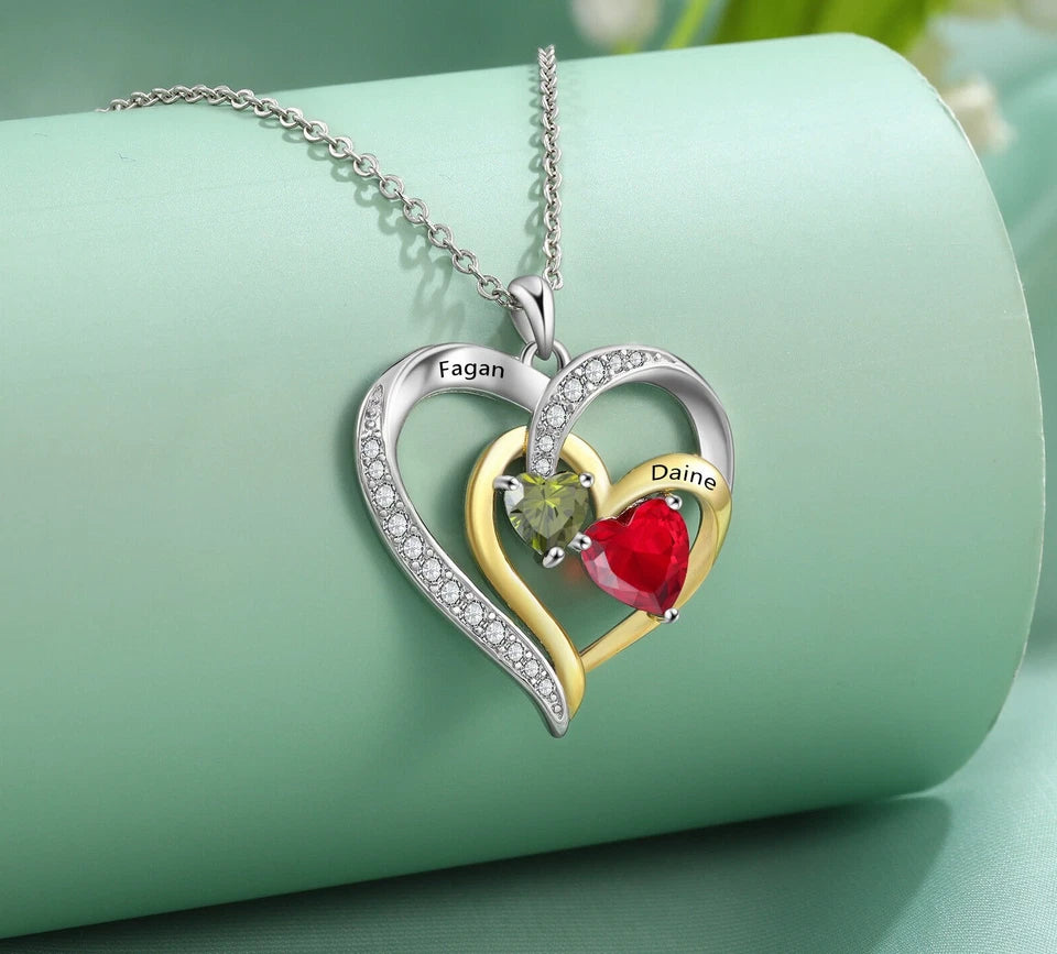 Personalised Mother’s Day Necklace with 2–5 Names & Birthstones – Silver or Gold Heart Pendant