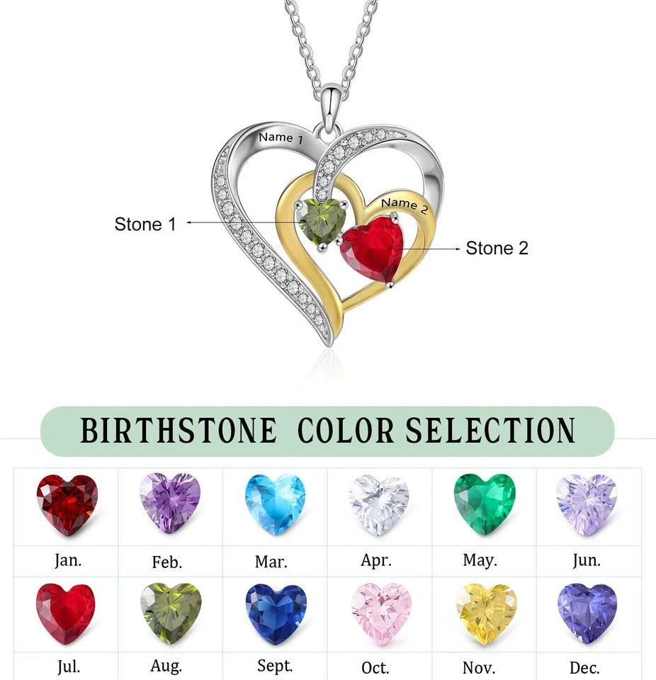 Personalised Mother’s Day Necklace with 2–5 Names & Birthstones – Silver or Gold Heart Pendant