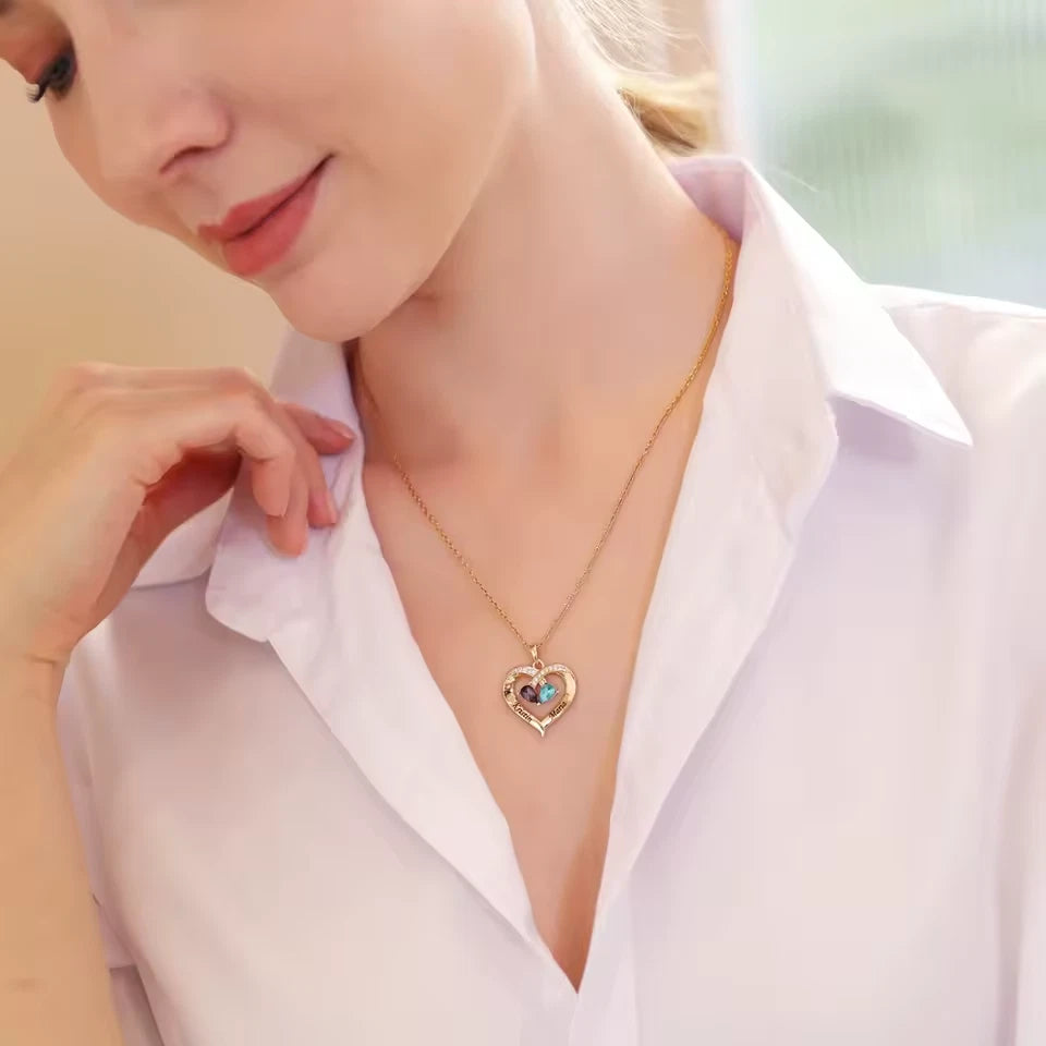 Personalised Double Birthstone Name Necklace – Engraved Heart Pendant with Zirconia Stones