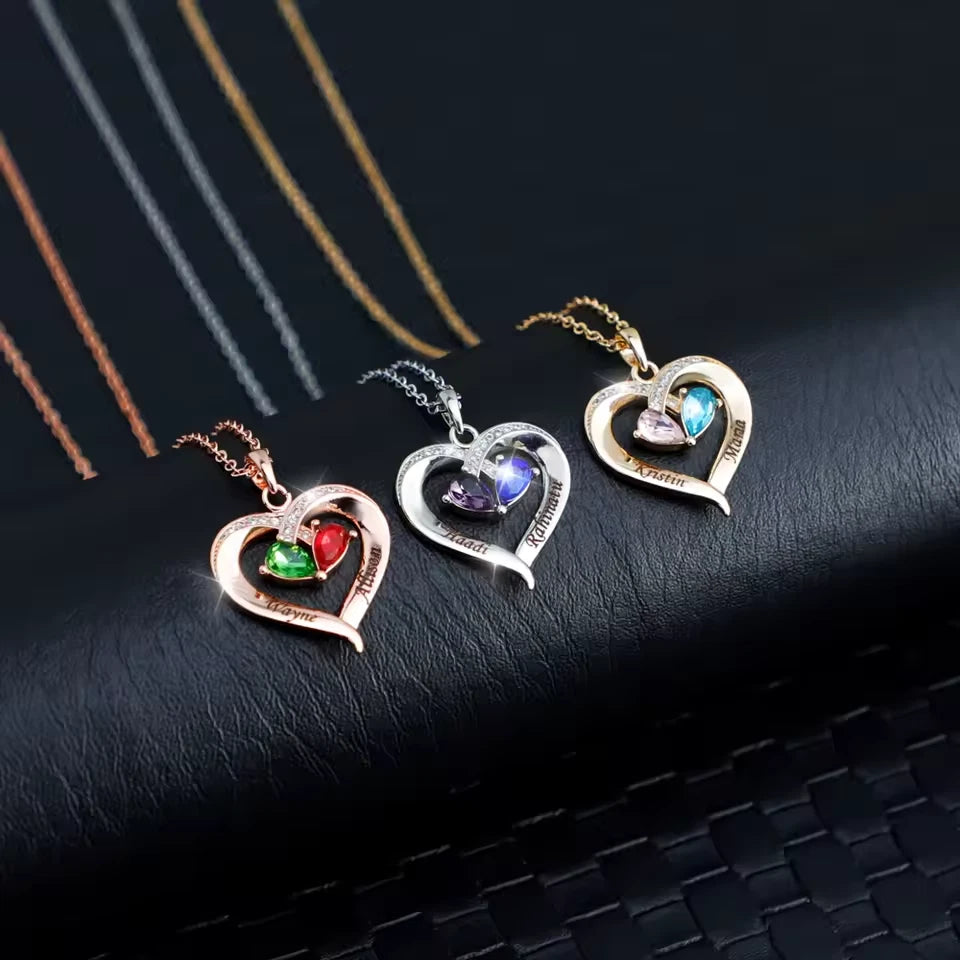 Personalised Double Birthstone Name Necklace – Engraved Heart Pendant with Zirconia Stones