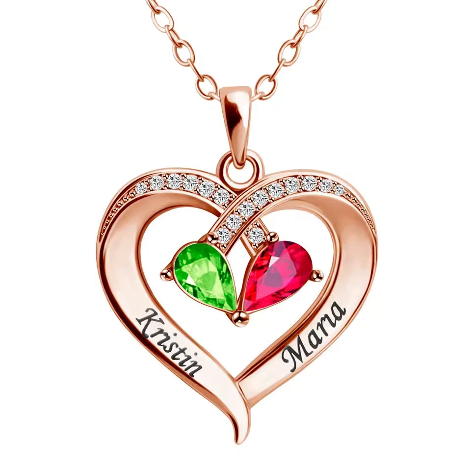 Personalised Double Birthstone Name Necklace – Engraved Heart Pendant with Zirconia Stones