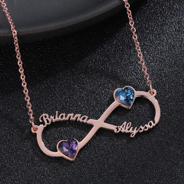 Personalised Infinity Name Necklace with 2 Birthstones – Custom Heart Pendant Gift