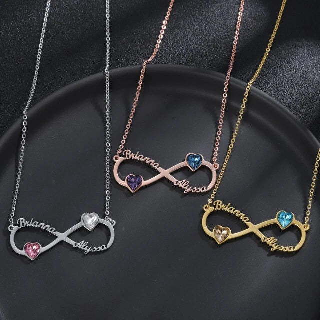Personalised Infinity Name Necklace with 2 Birthstones – Custom Heart Pendant Gift