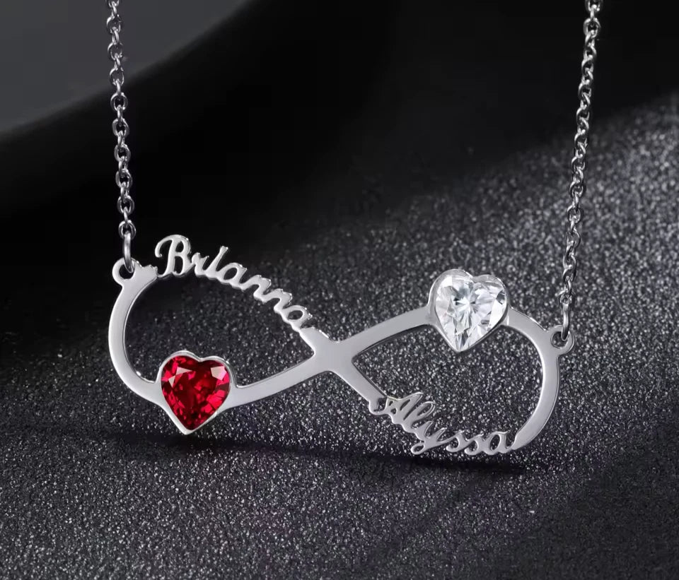 Personalised Infinity Name Necklace with 2 Birthstones – Custom Heart Pendant Gift
